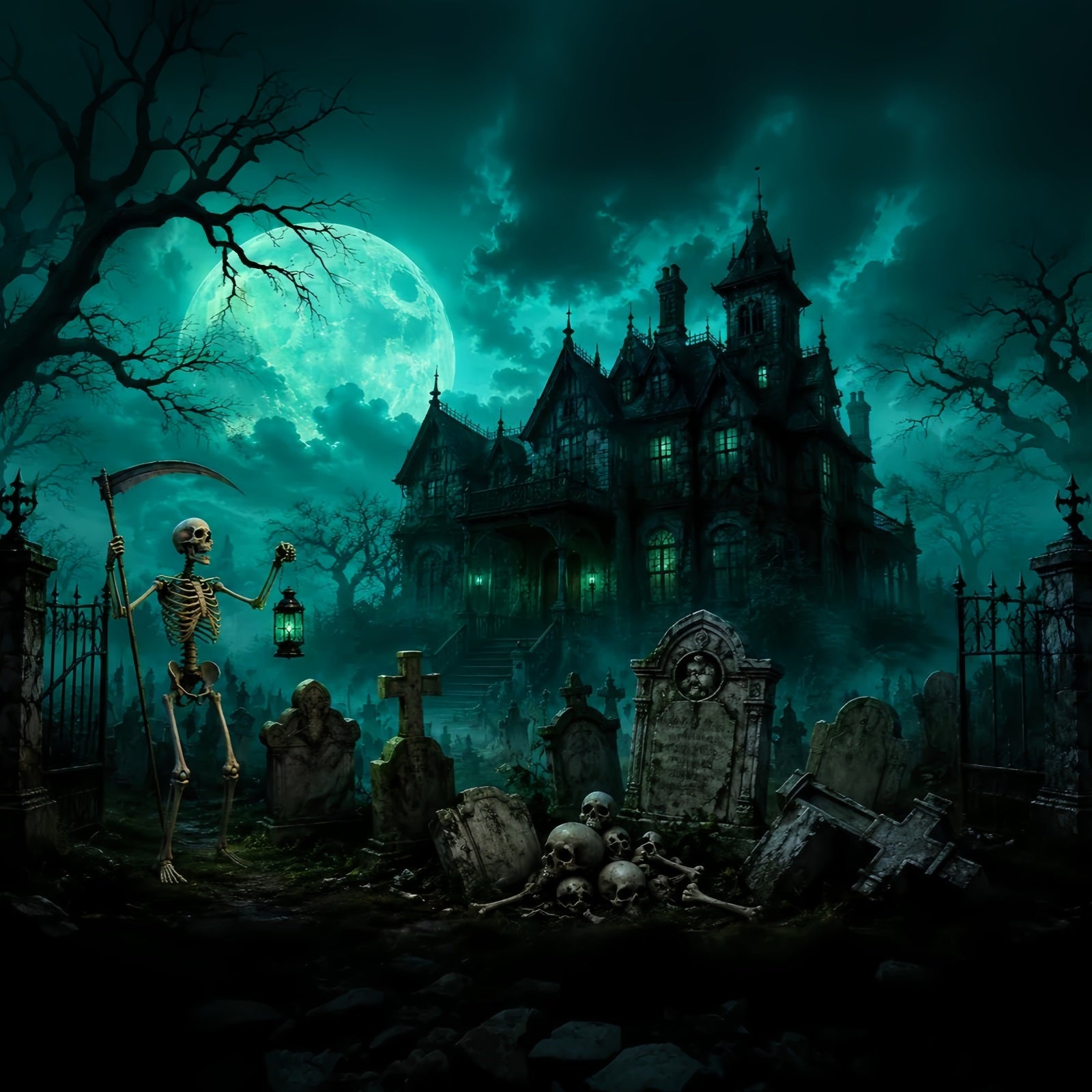 Halloween Graveyard Backdrops Moonlit Skeleton Cemetery Mansion Photo Booth Halloween Backdrop UK LXX67-181