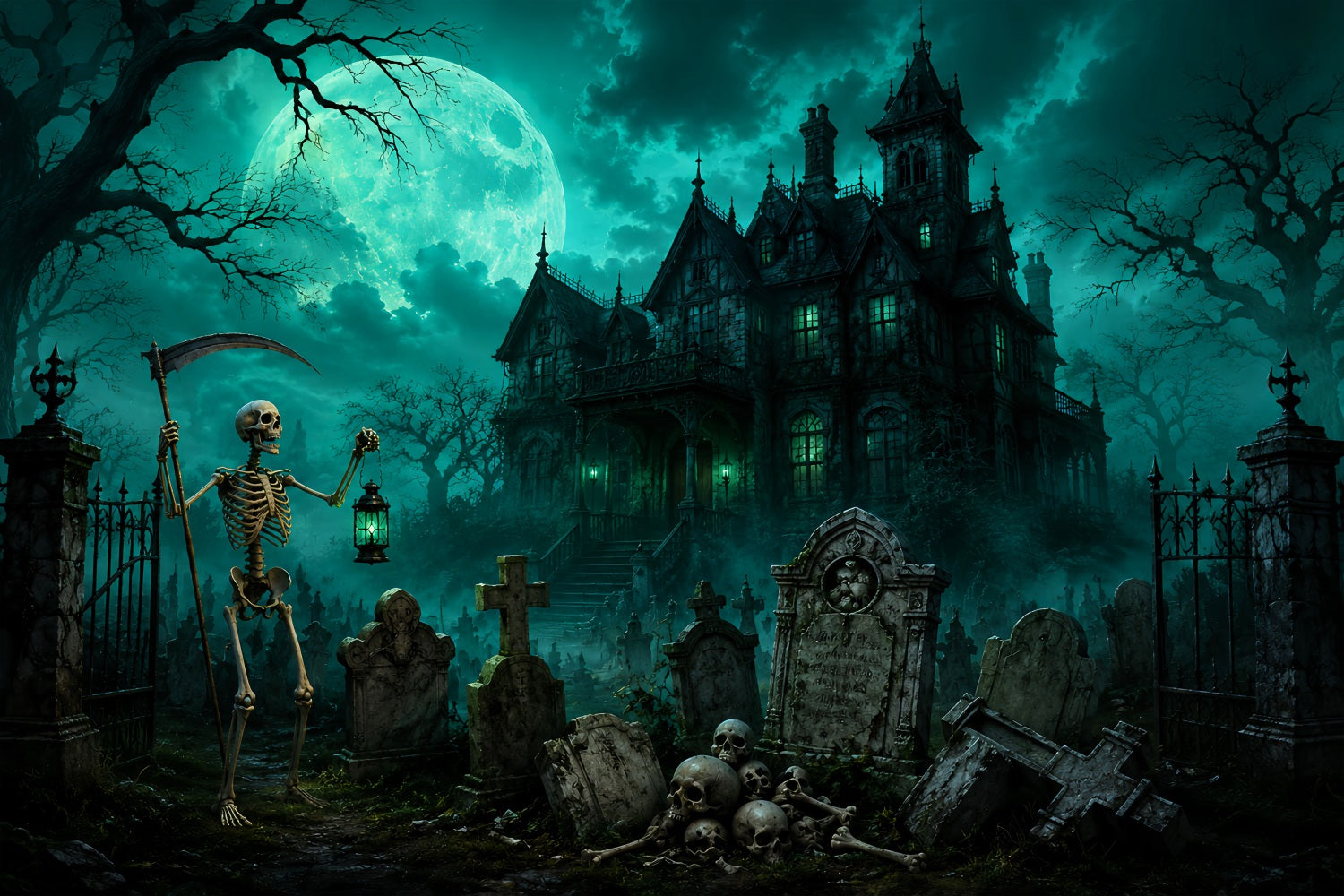 Halloween Graveyard Backdrops Moonlit Skeleton Cemetery Mansion Photo Booth Halloween Backdrop UK LXX67-181