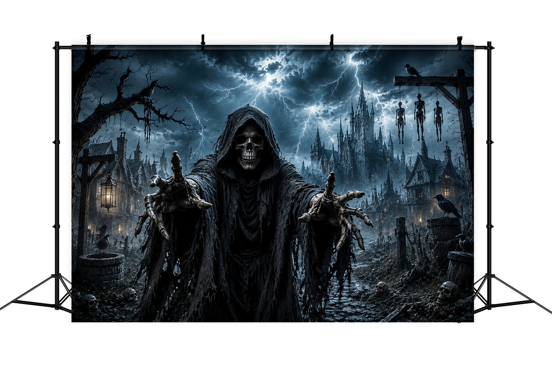 Halloween Ghost Backdrop Grim Reaper Skeleton Village Scary Halloween Backdrop UK LXX67-19