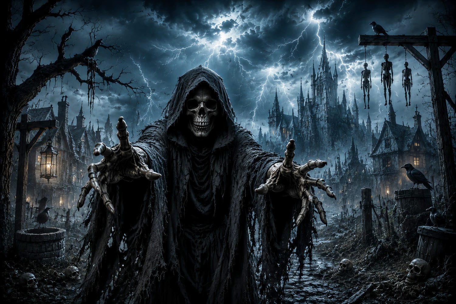 Halloween Ghost Backdrop Grim Reaper Skeleton Village Scary Halloween Backdrop UK LXX67-19