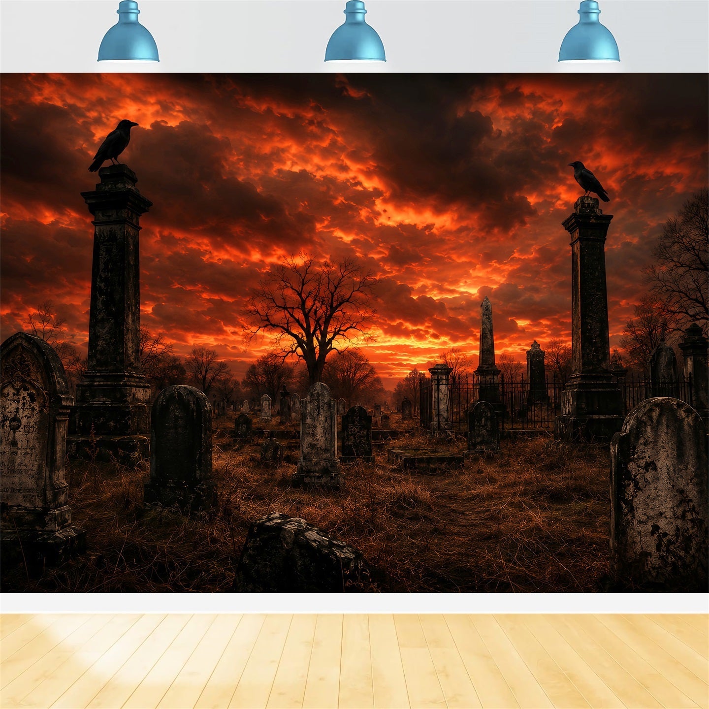 DIY Halloween Backdrop Ideas Fiery Sunset Raven Graveyard Scary Backdrops For Halloween UK LXX67-190
