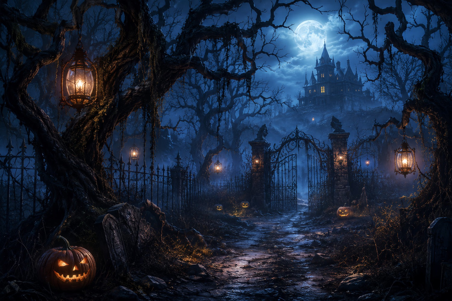 Halloween Forest Backdrop Moonlit Haunted Mansion Gateway Vintage Halloween Backdrop UK LXX67-191