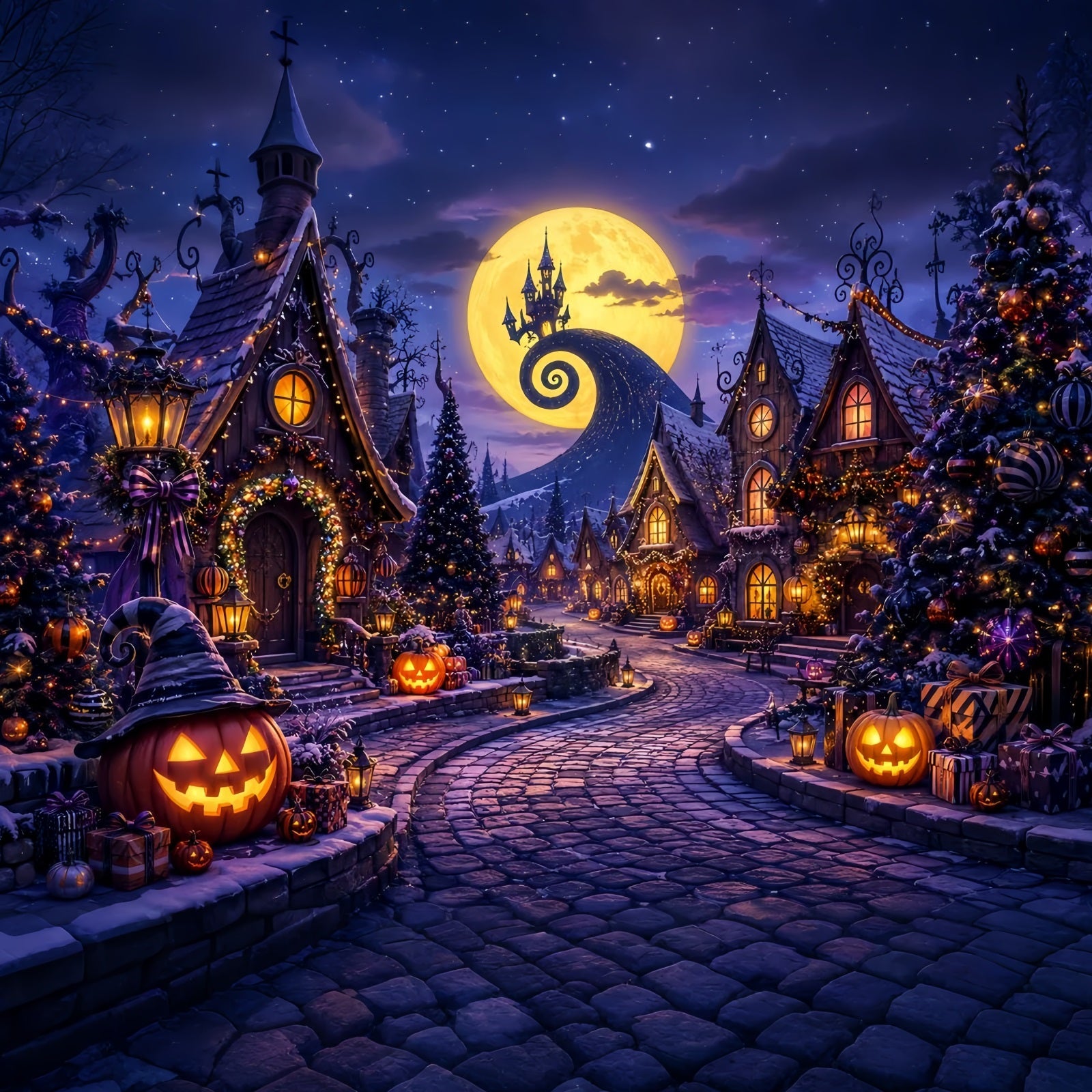 Photography Backdrops Halloween Moonlit Pumpkin Holiday Village Halloween Town Backdrop UK LXX67-196