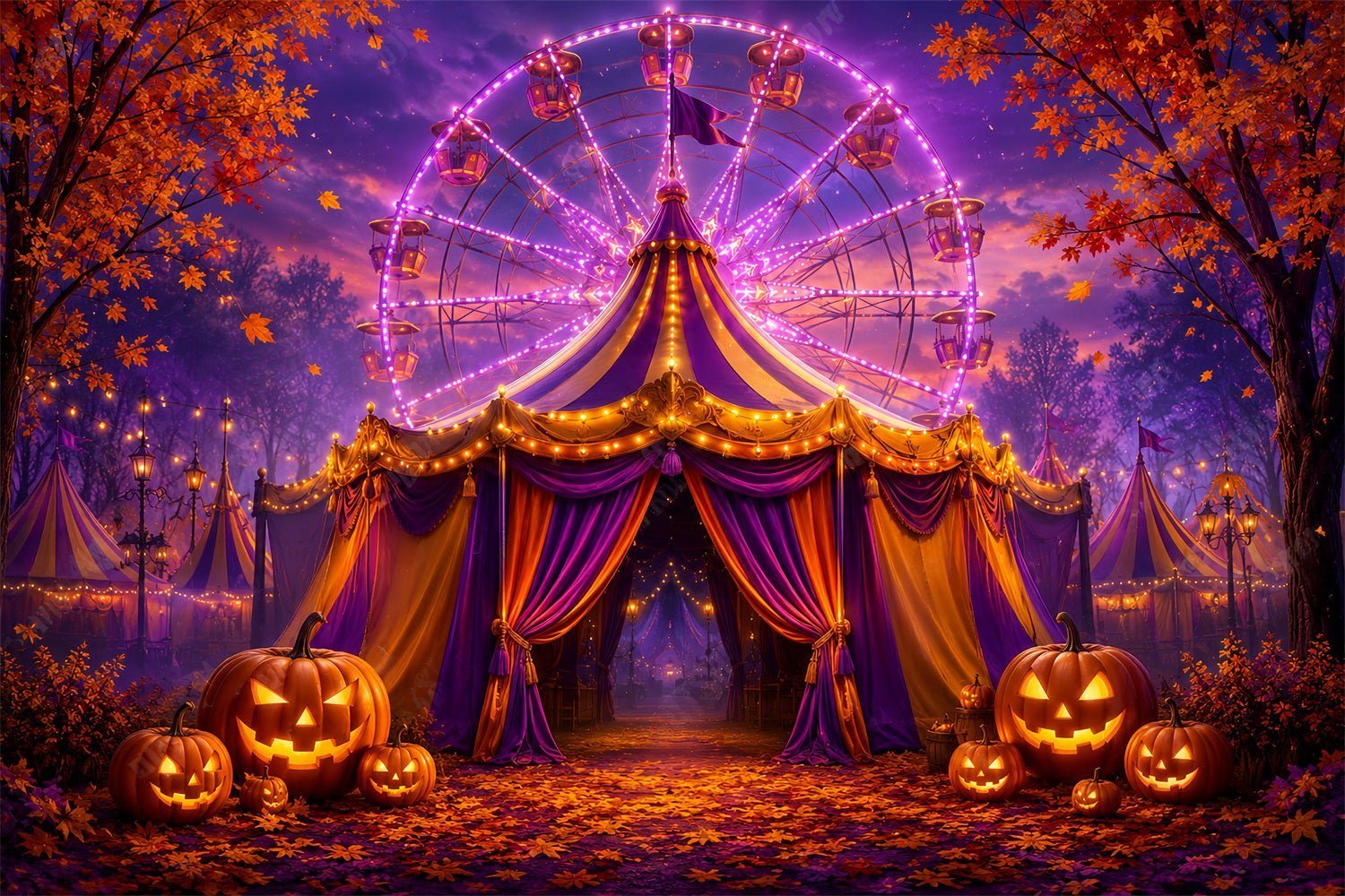 Halloween Backdrops For Pictures Purple Carnival Pumpkin Festival Halloween Circus Backdrop UK LXX67-198