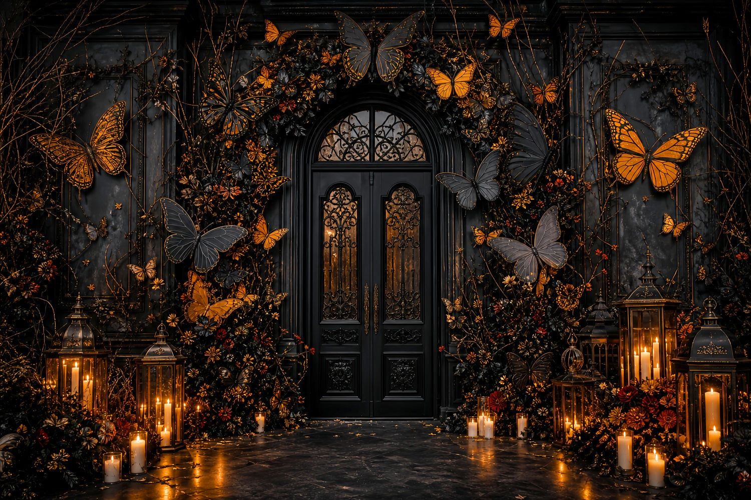 Halloween Party Photo Backdrop Ideas Black Gold Butterfly Entrance Creepy Halloween Backdrop UK LXX67-204