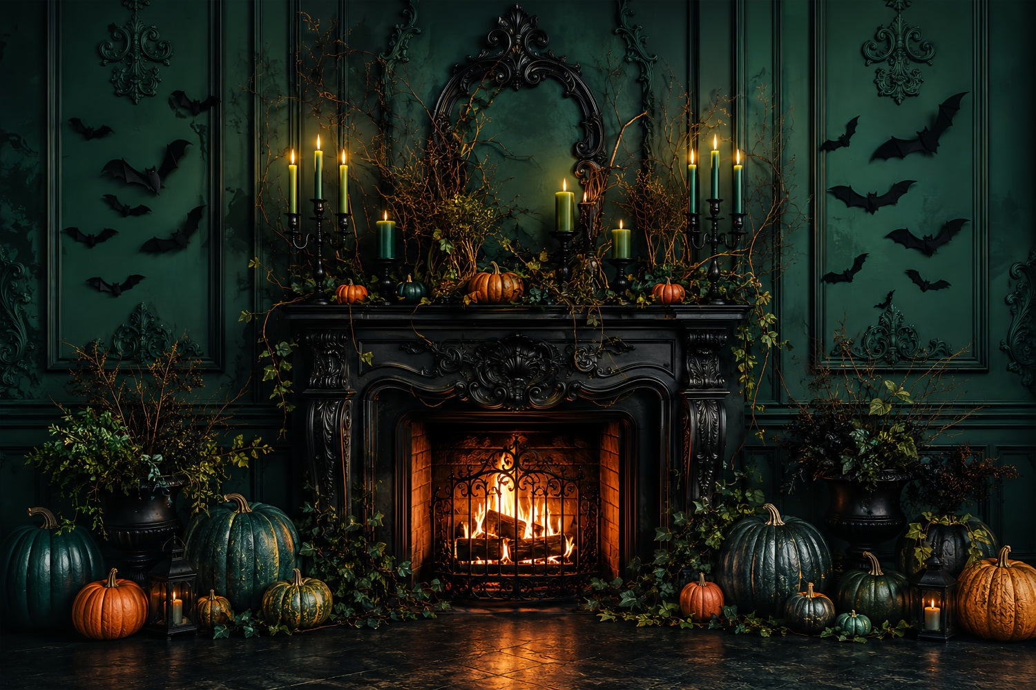 Scary Halloween Photo Backdrops Emerald Pumpkin Fireplace Mantel Happy Halloween Backdrop UK LXX67-206