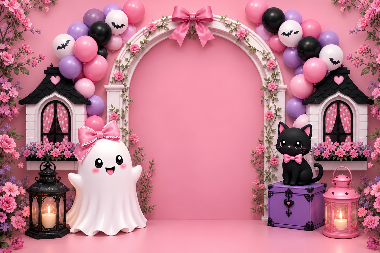 Pumpkin Patch Backdrop Bowtie Ghost Cat Arch Halloween Photo Backdrop UK LXX67-213