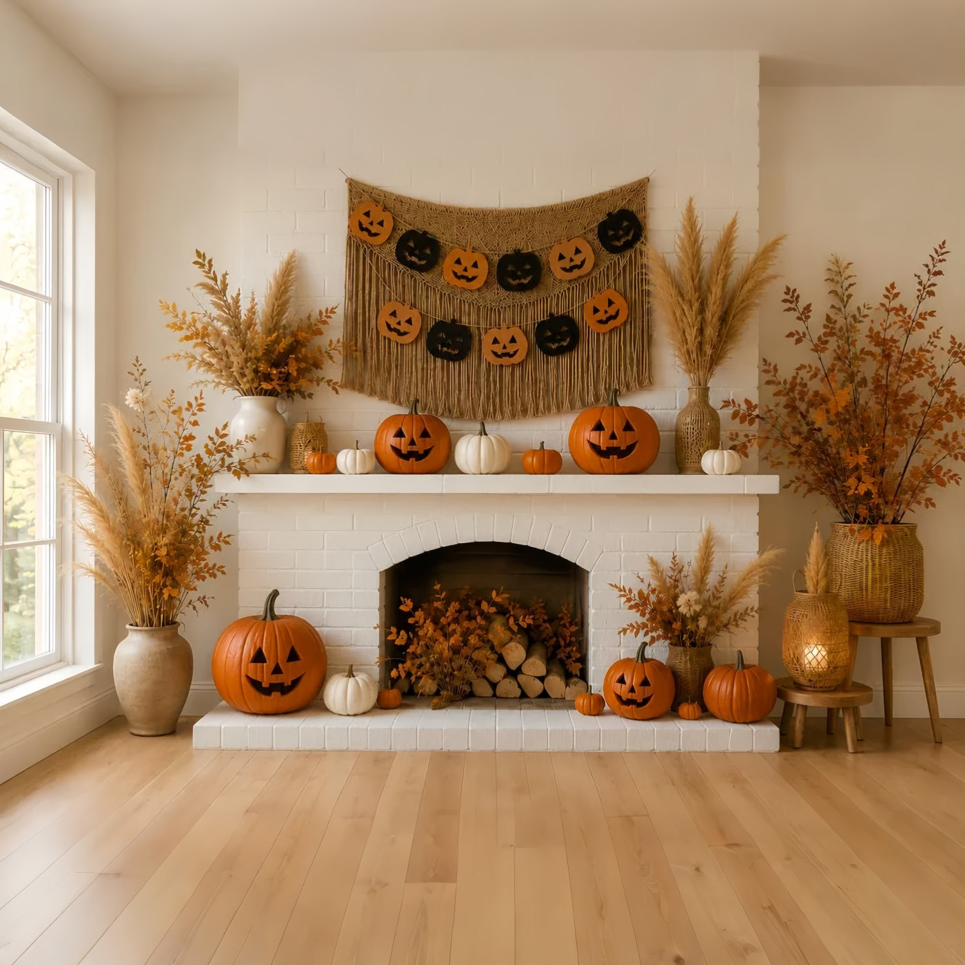 Pumpkin Backdrop Autumn Cozy Fireplace Mantel Halloween Backdrop Ideas UK LXX67-216
