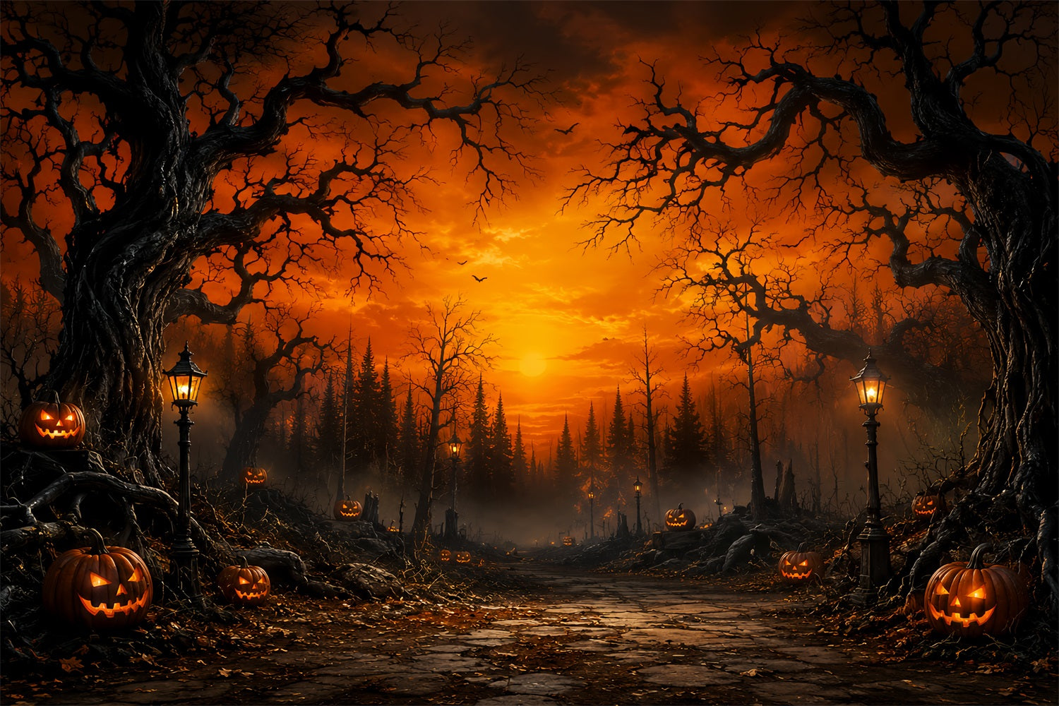 Spooky Forest Backdrop Sunset Pumpkin Woods Path Spooky Backdrop UK LXX67-217
