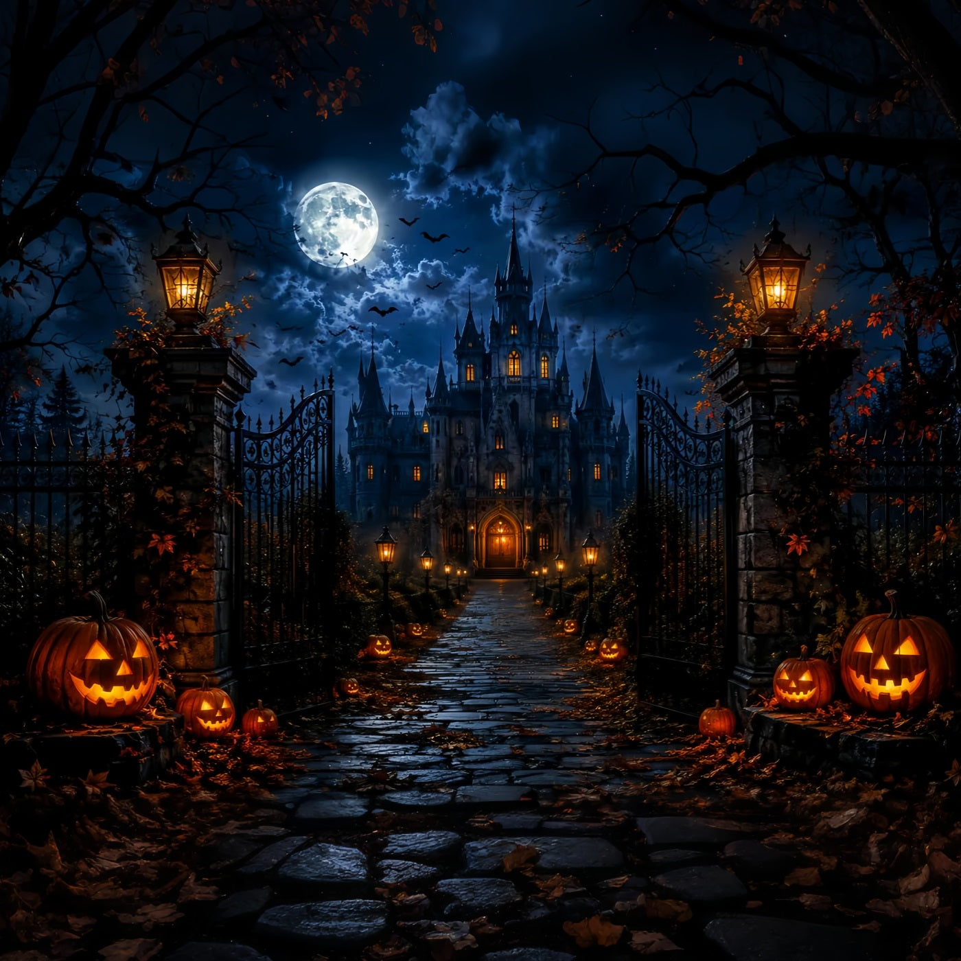 Haunted Forest Backdrop Moonlit Gothic Castle Gate Halloween Wall Backdrop UK LXX67-218
