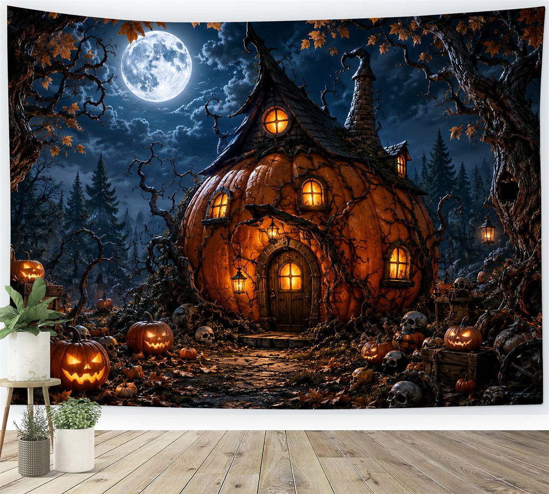 Magical Forest Backdrop Moonlit Pumpkin Witch Cottage Halloween Photo Backdrops UK LXX67-222
