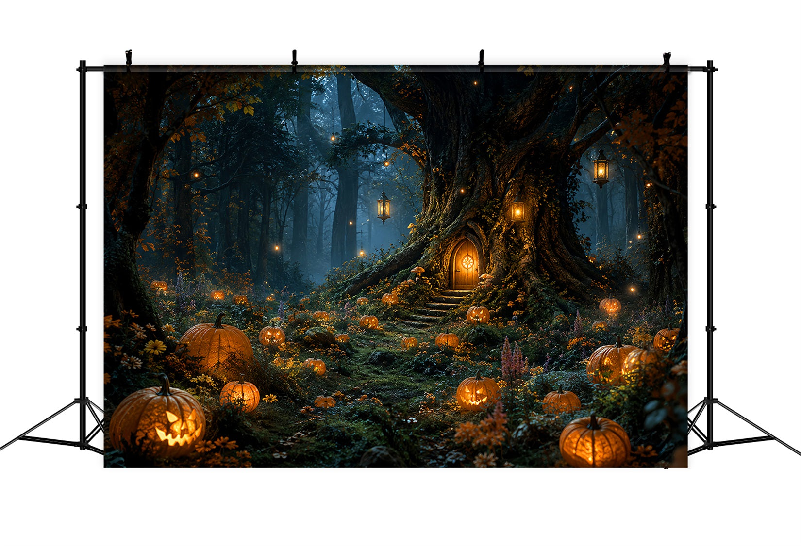 Scary Forest Backdrop Lanternlit Pumpkin Tree Cottage Halloween Photography Backdrop UK LXX67-239