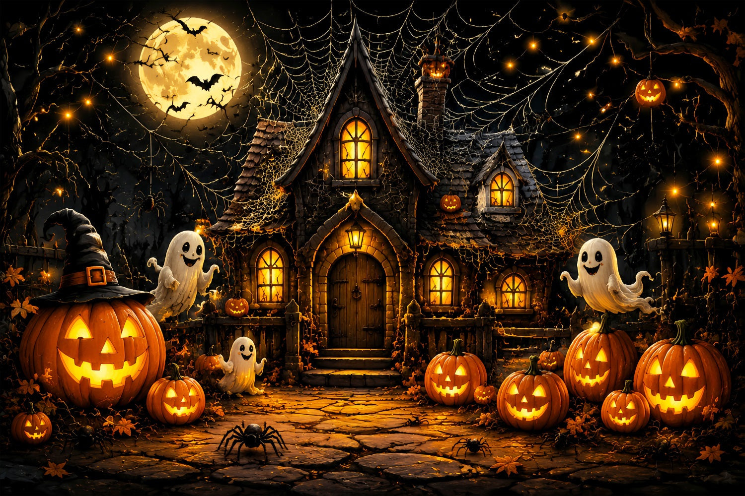Halloween Backdrop For Photo Booth Ghost Pumpkin Cottage Spiderwebs Cute Halloween Backdrop UK LXX67-24