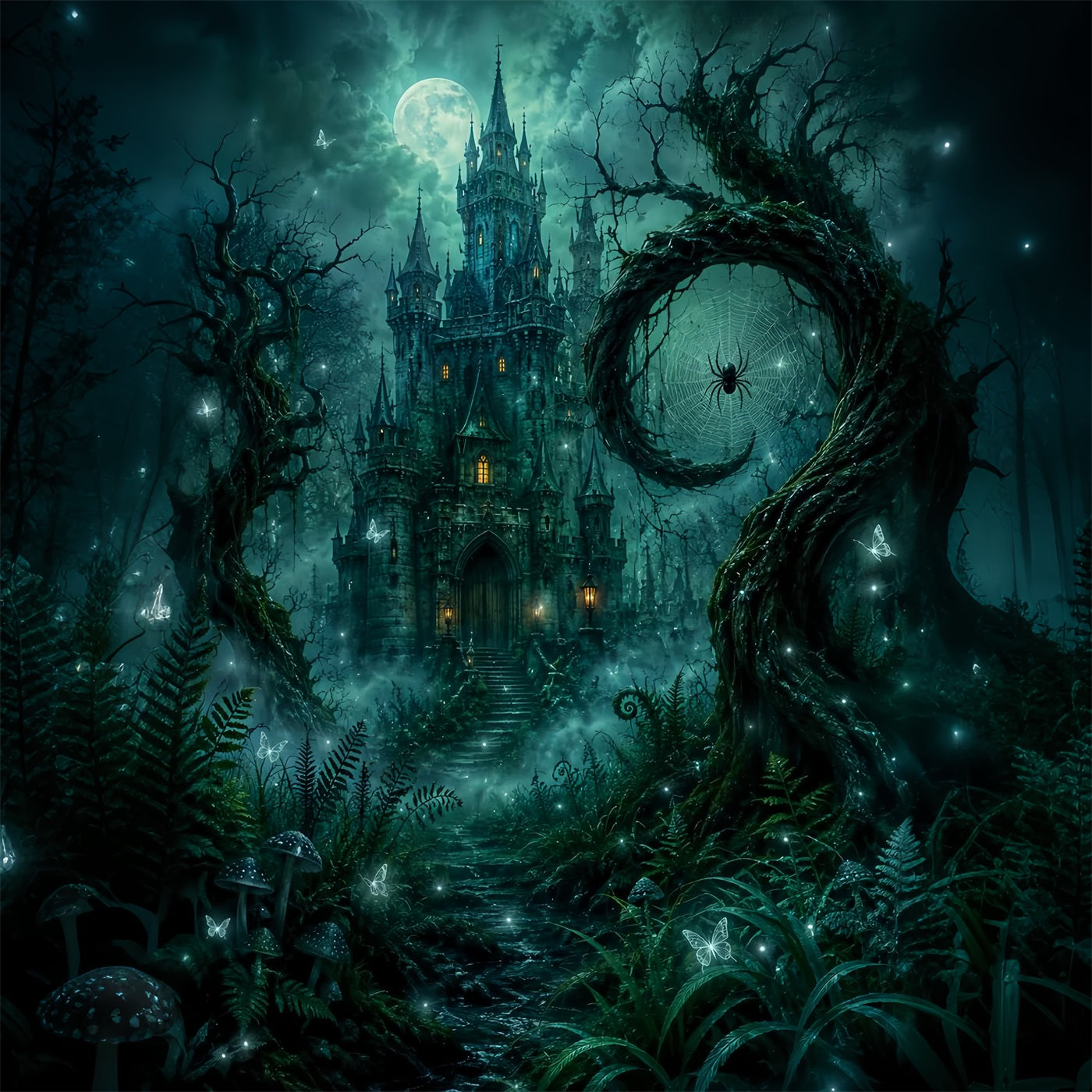 Spooky Woods Backdrop Emerald Spider Castle Forest Haunted Backdrop UK LXX67-240