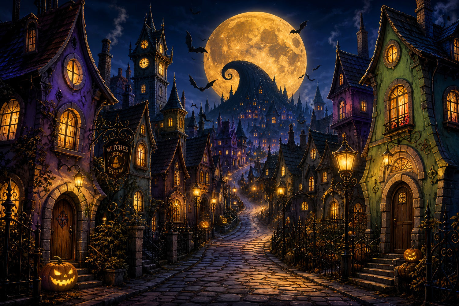 Halloween Town Backdrop Golden Moon Witch Village Photo Backdrop Halloween UK LXX67-243
