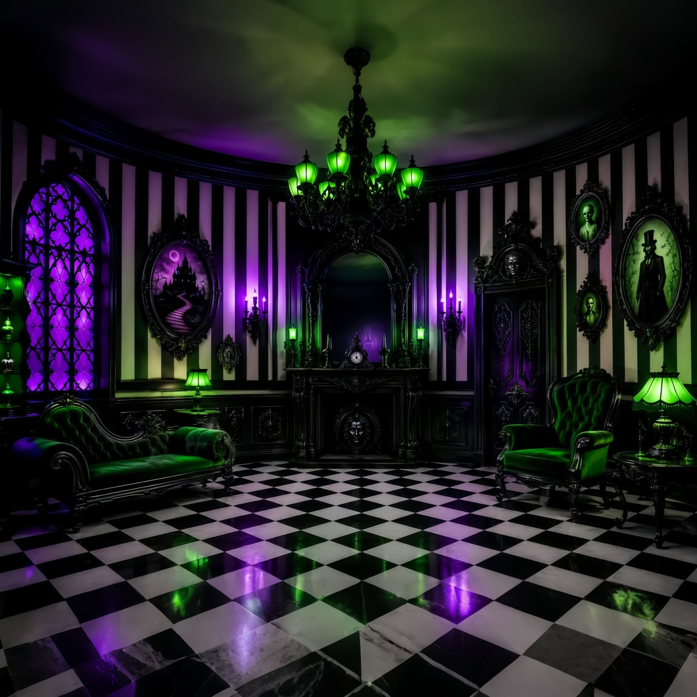 Halloween Haunted House Backdrop Purple Green Gothic Parlor Creepy Backdrop UK LXX67-245
