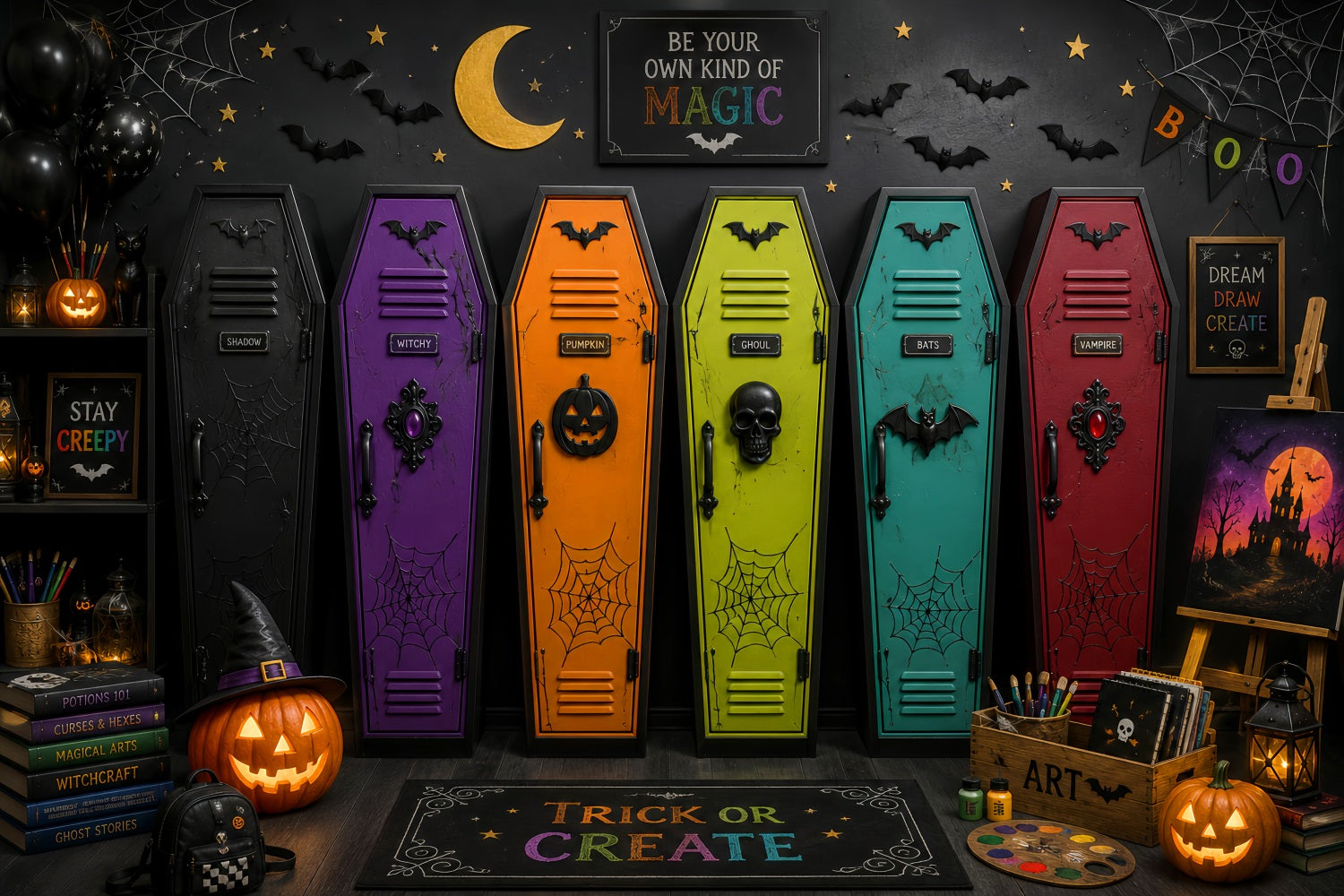 Coffin Backdrop Colorful Coffin Art Classroom Photo Booth Halloween Backdrop UK LXX67-246