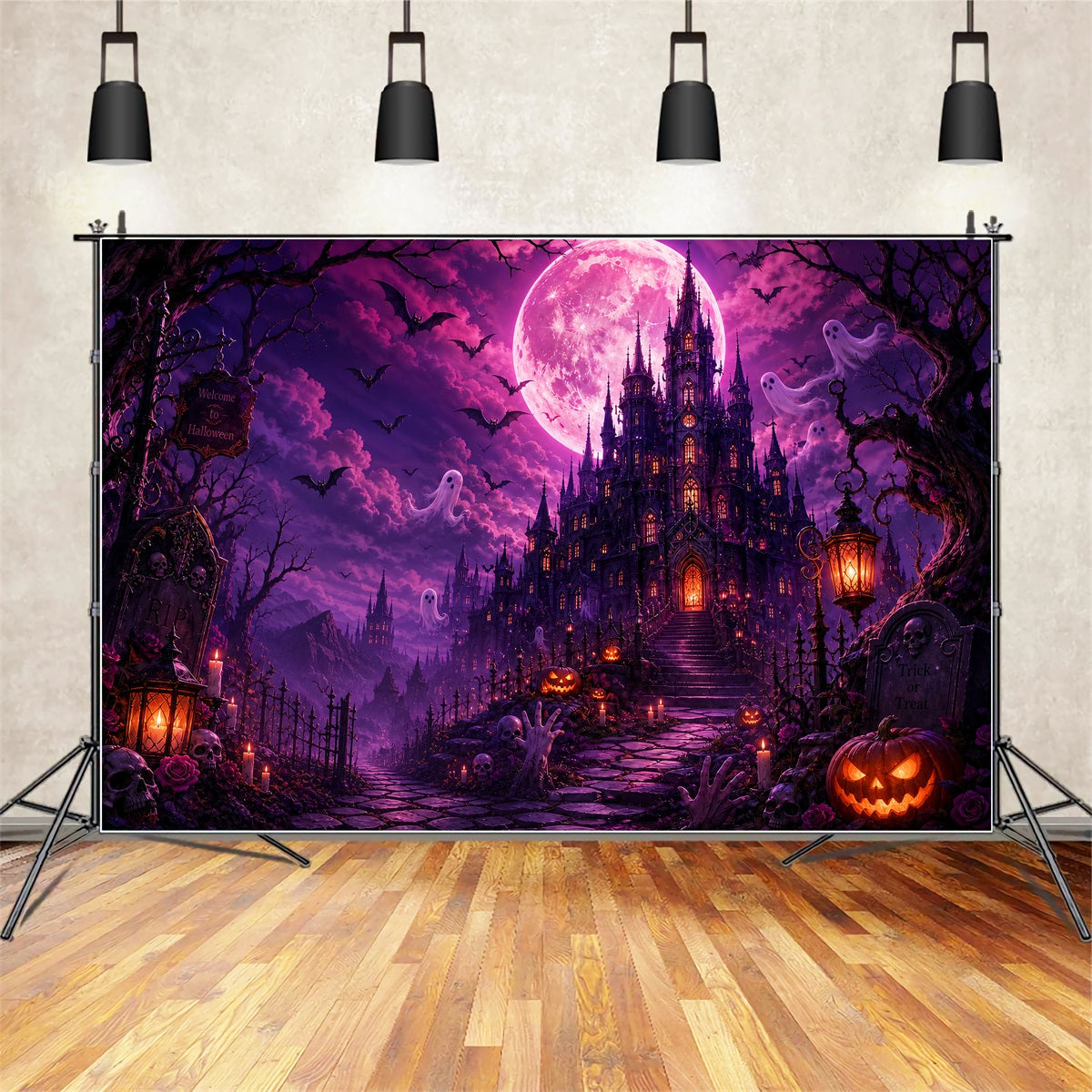 Graveyard Halloween Backdrops Purple Moon Ghost Castle Pink Halloween Backdrop UK LXX67-248
