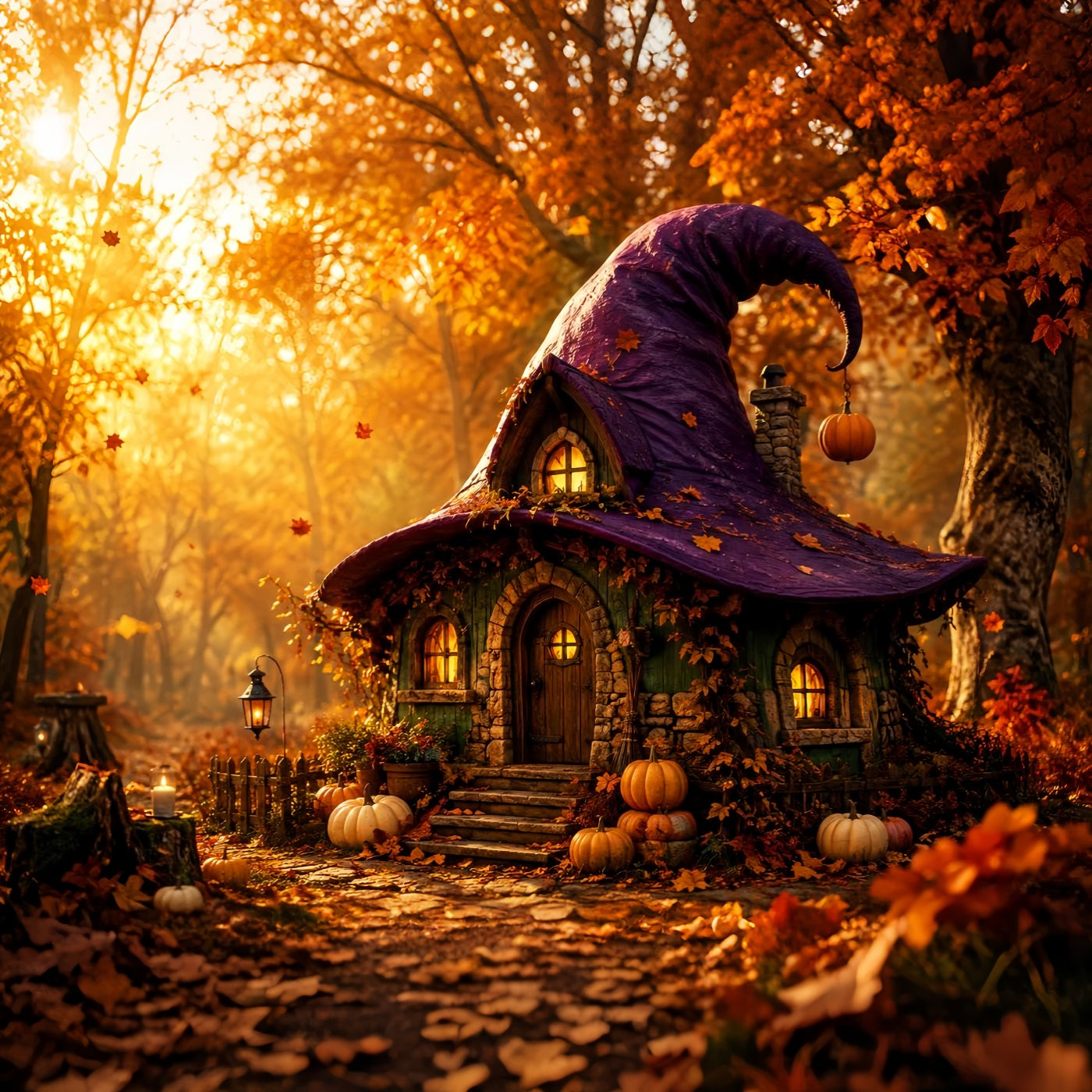 Witch House Backdrop Autumn Witch Hat Cottage Spooky Photo Backdrop UK LXX67-249