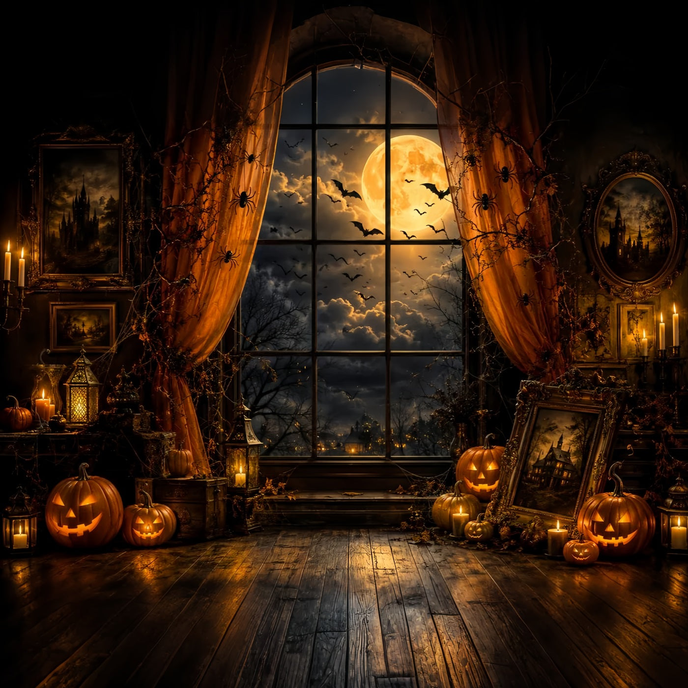 Halloween Window Backdrop Moonlit Pumpkin Portrait Chamber Cute Halloween Backdrop UK LXX67-250