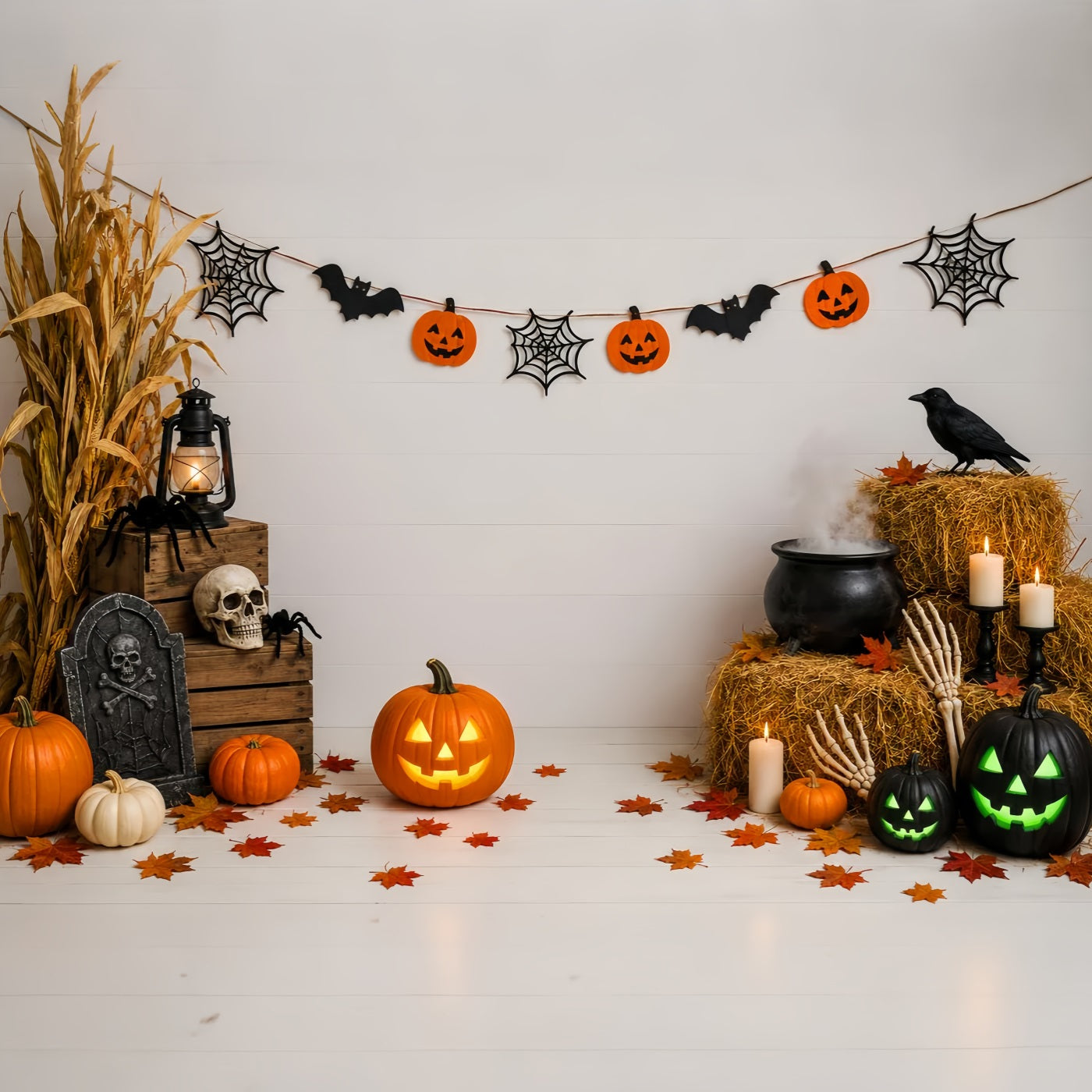 Graveyard Backdrops Rustic Pumpkin Cauldron Display Halloween Birthday Backdrop UK LXX67-254