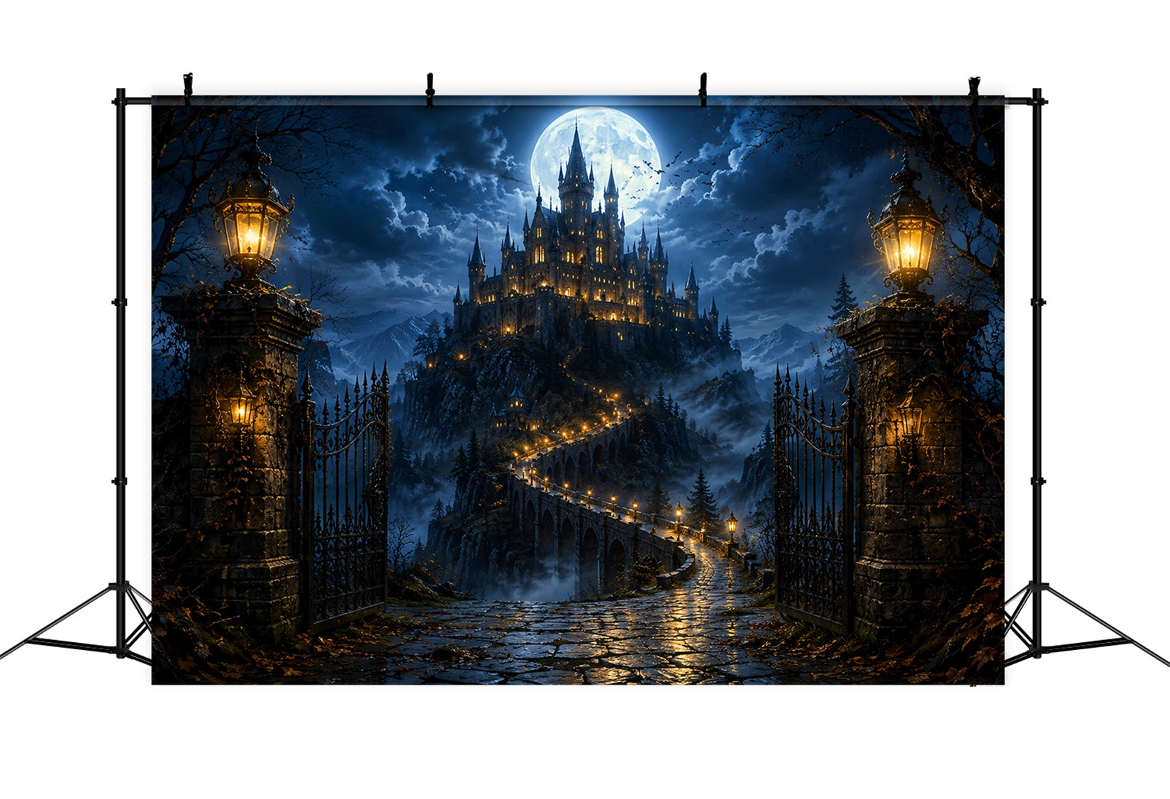 Haunted Cemetery Backdrop Moonlit Castle Bridge Gateway Magic Kingdom Backdrop UK LXX67-258