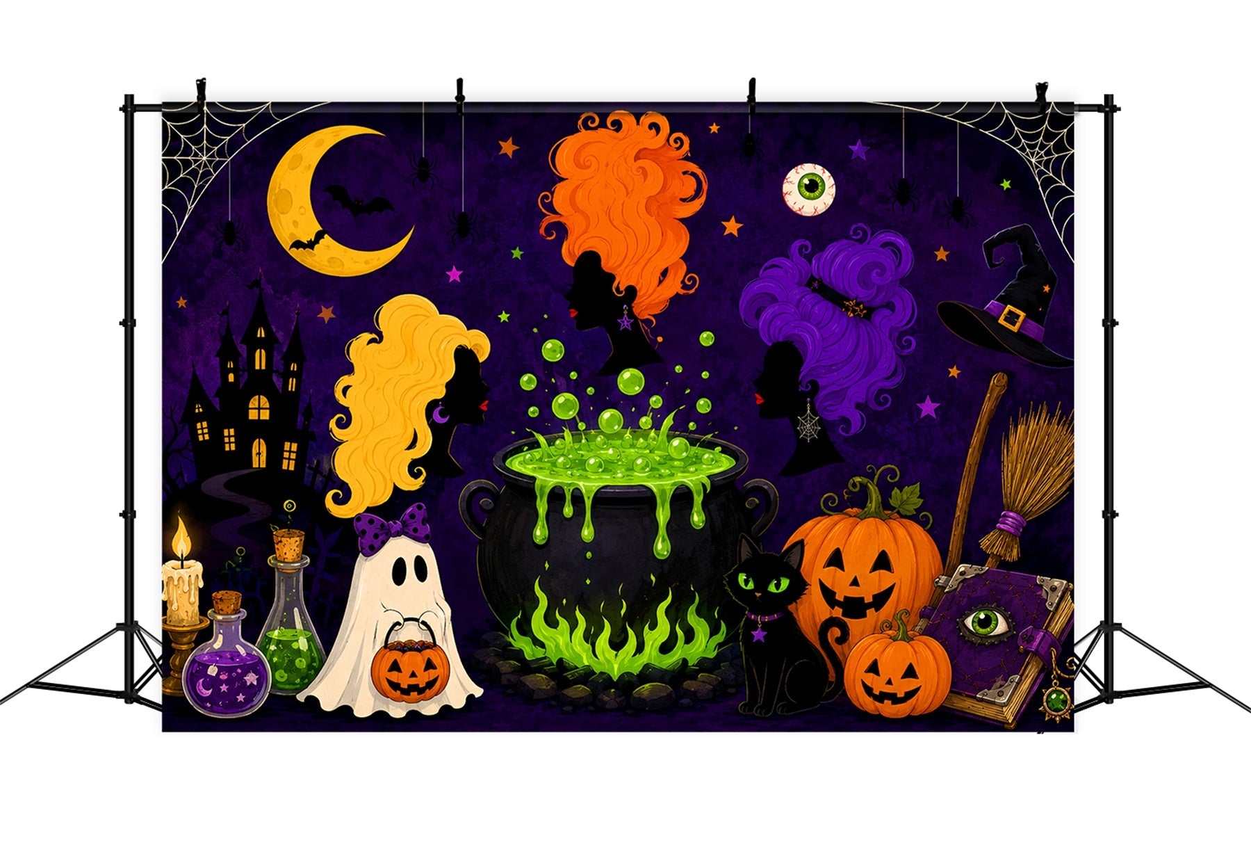 Halloween Moon Backdrop Cartoon Witch Cauldron Gathering Magic Backdrop UK LXX67-259