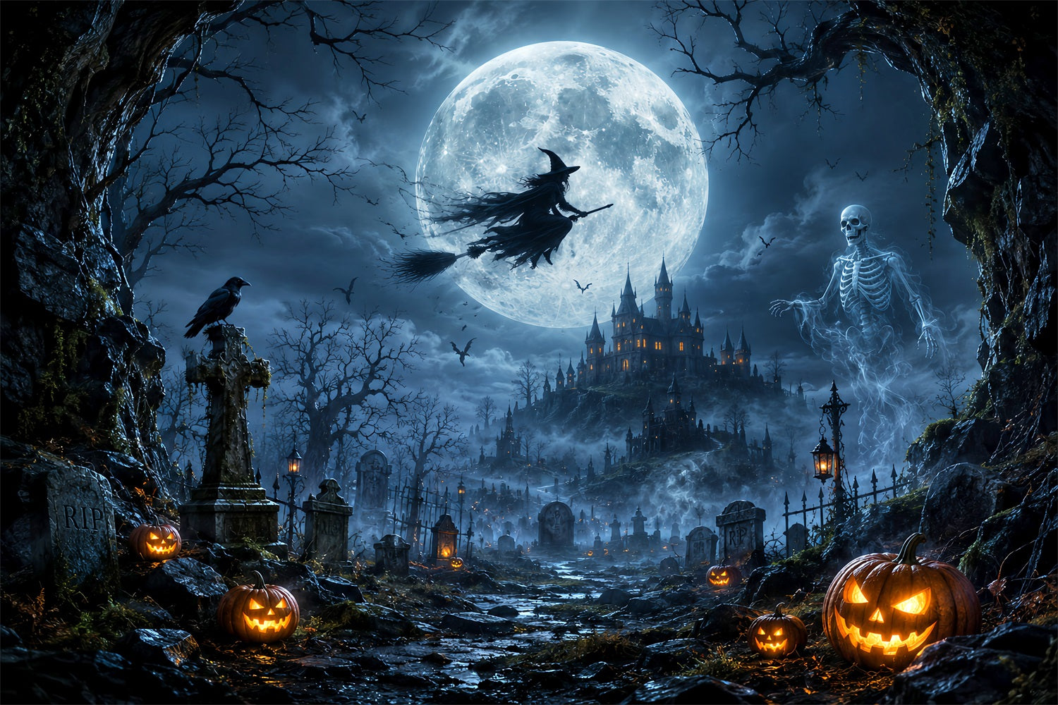 Scary Halloween Backdrop Ideas Moonlit Witch Skeleton Graveyard Halloween Photoshoot Backdrop UK LXX67-29