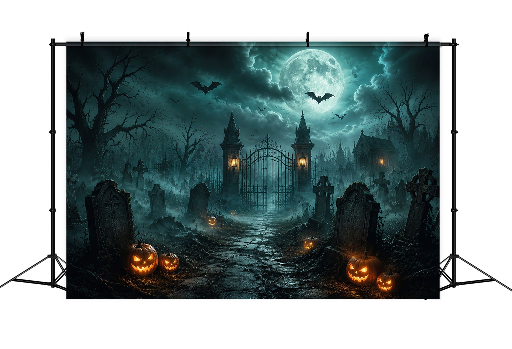 Halloween Forest Backdrop Foggy Cemetery Gate Pumpkins Vintage Halloween Backdrop UK LXX67-34