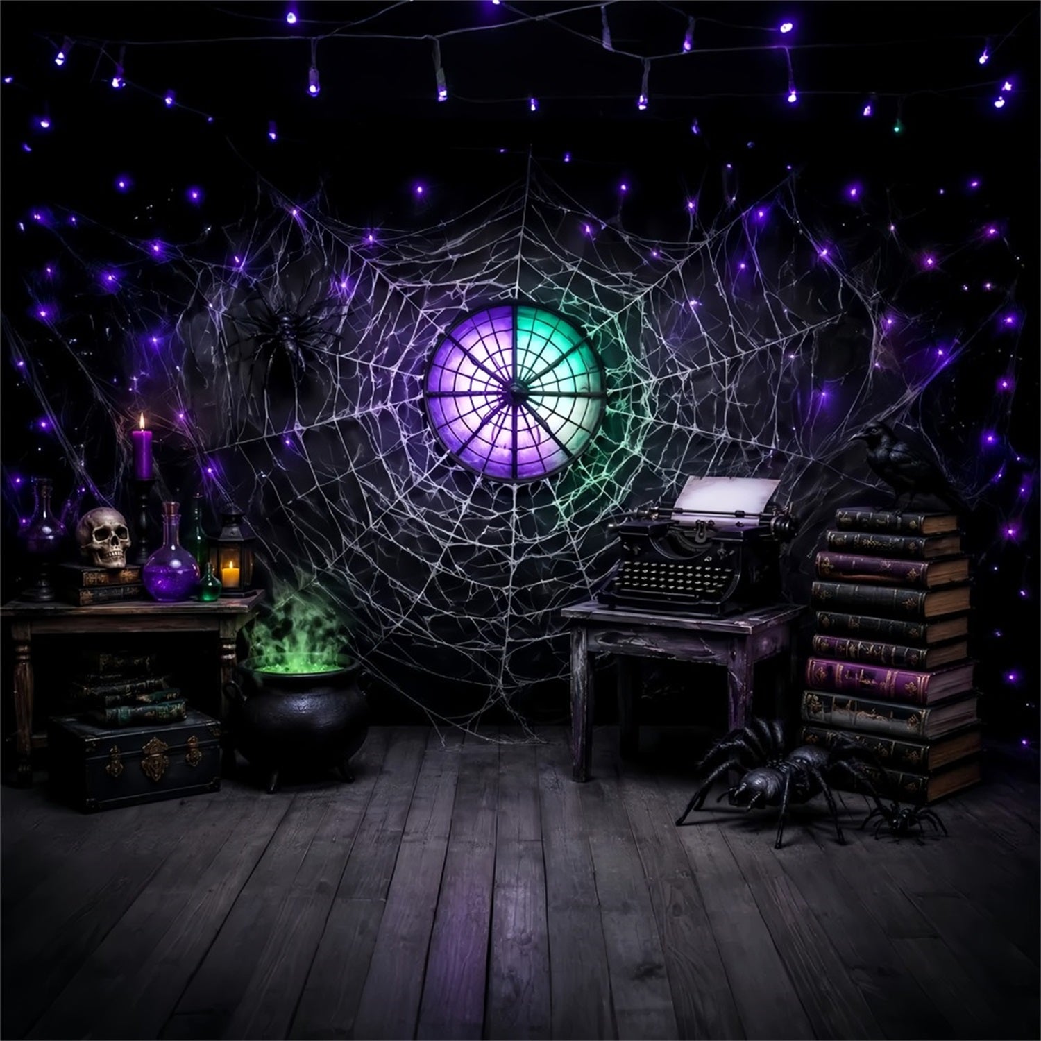 Halloween Backdrop Ideas DIY Cobweb Typewriter Spellbook Study Purple Halloween Backdrop UK LXX67-48