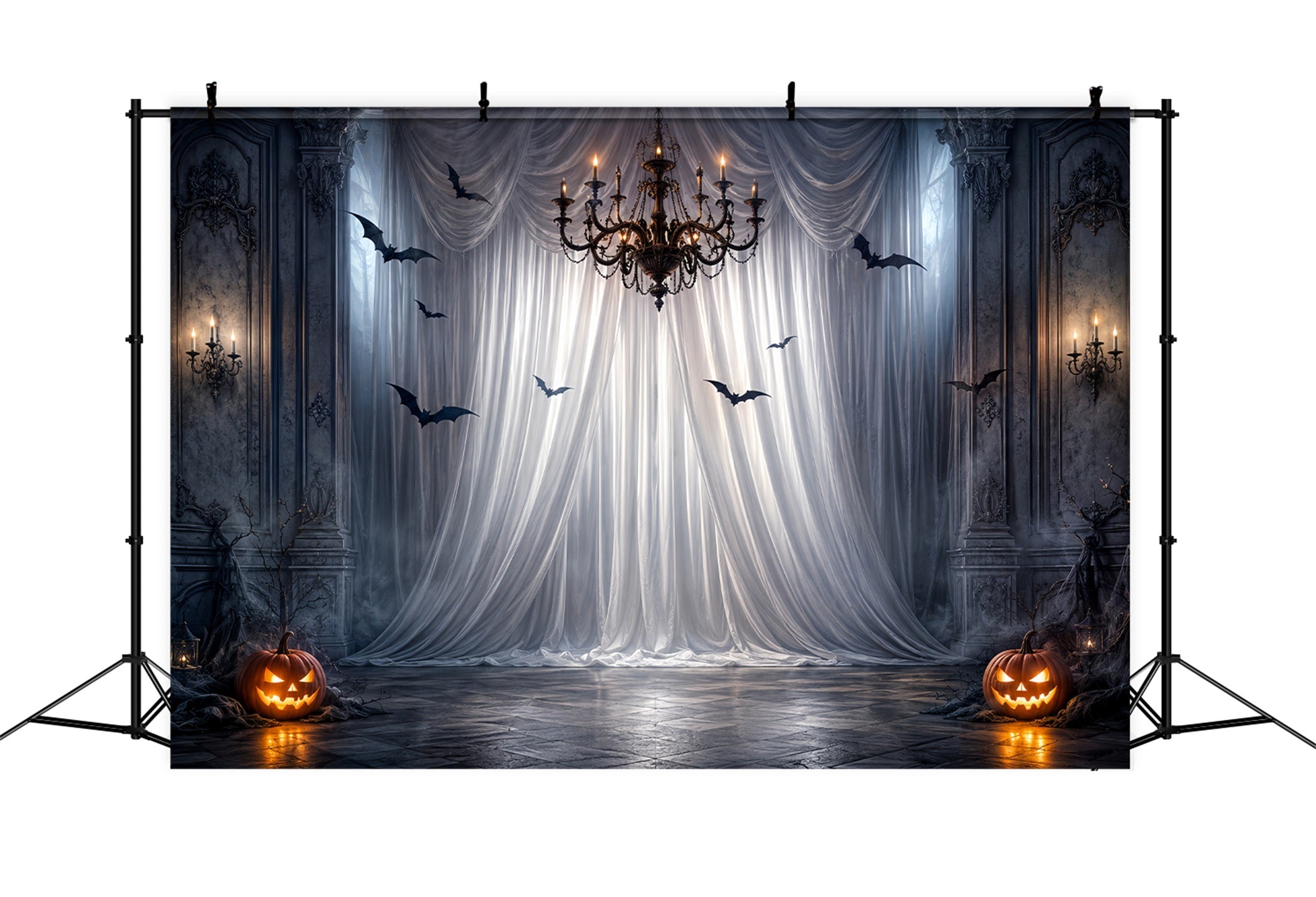 Halloween Party Photo Backdrop Ideas Gothic Drapery Chandelier Bats Creepy Halloween Backdrop UK LXX67-50