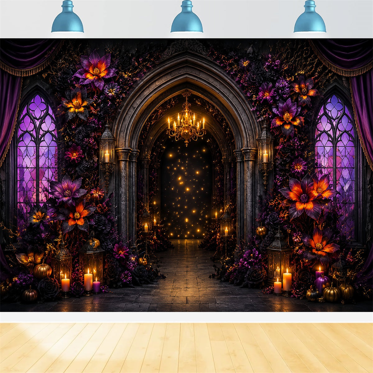 Halloween Scene Backdrop Purple Floral Gothic Arch Backdrop For Halloween UK LXX67-51