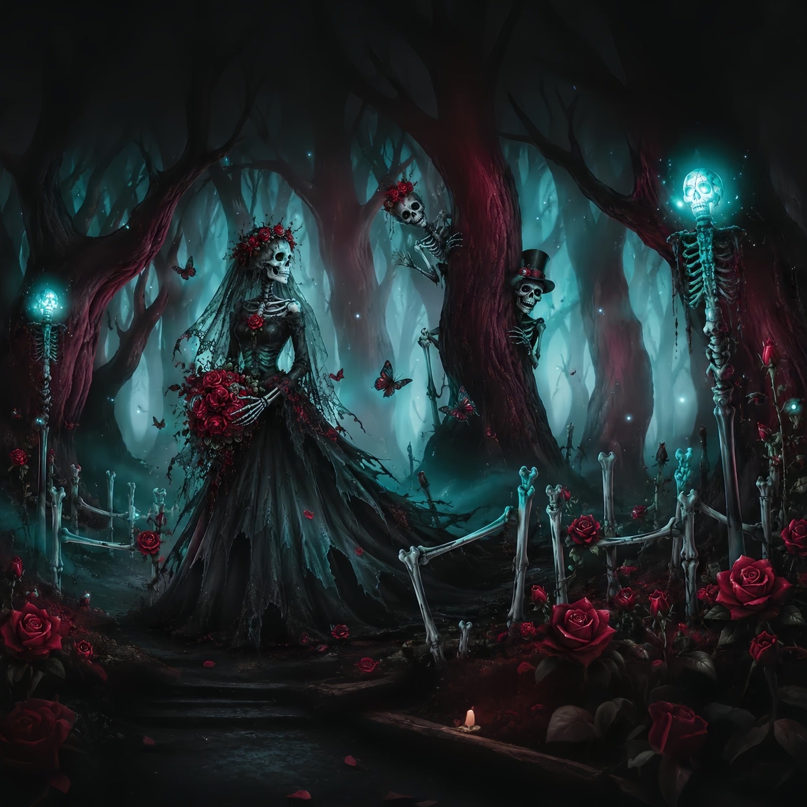 Halloween Wedding Backdrop Skeleton Bride Forest Roses Halloween Photo Backdrop UK LXX67-59