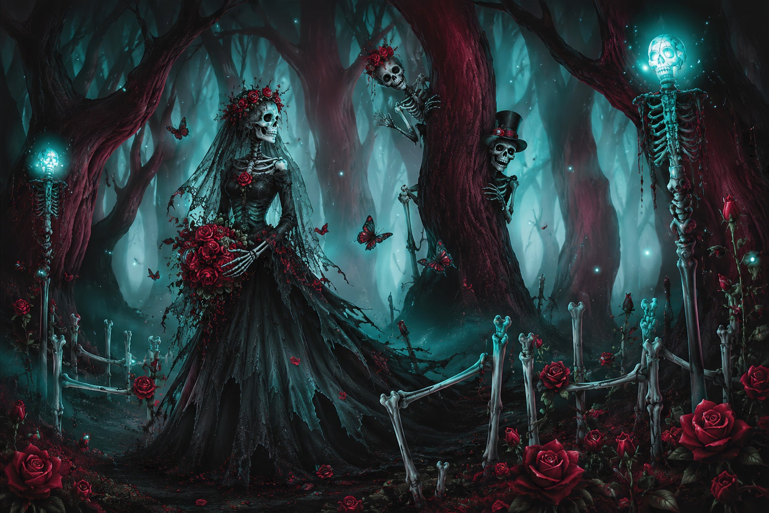 Halloween Wedding Backdrop Skeleton Bride Forest Roses Halloween Photo Backdrop UK LXX67-59
