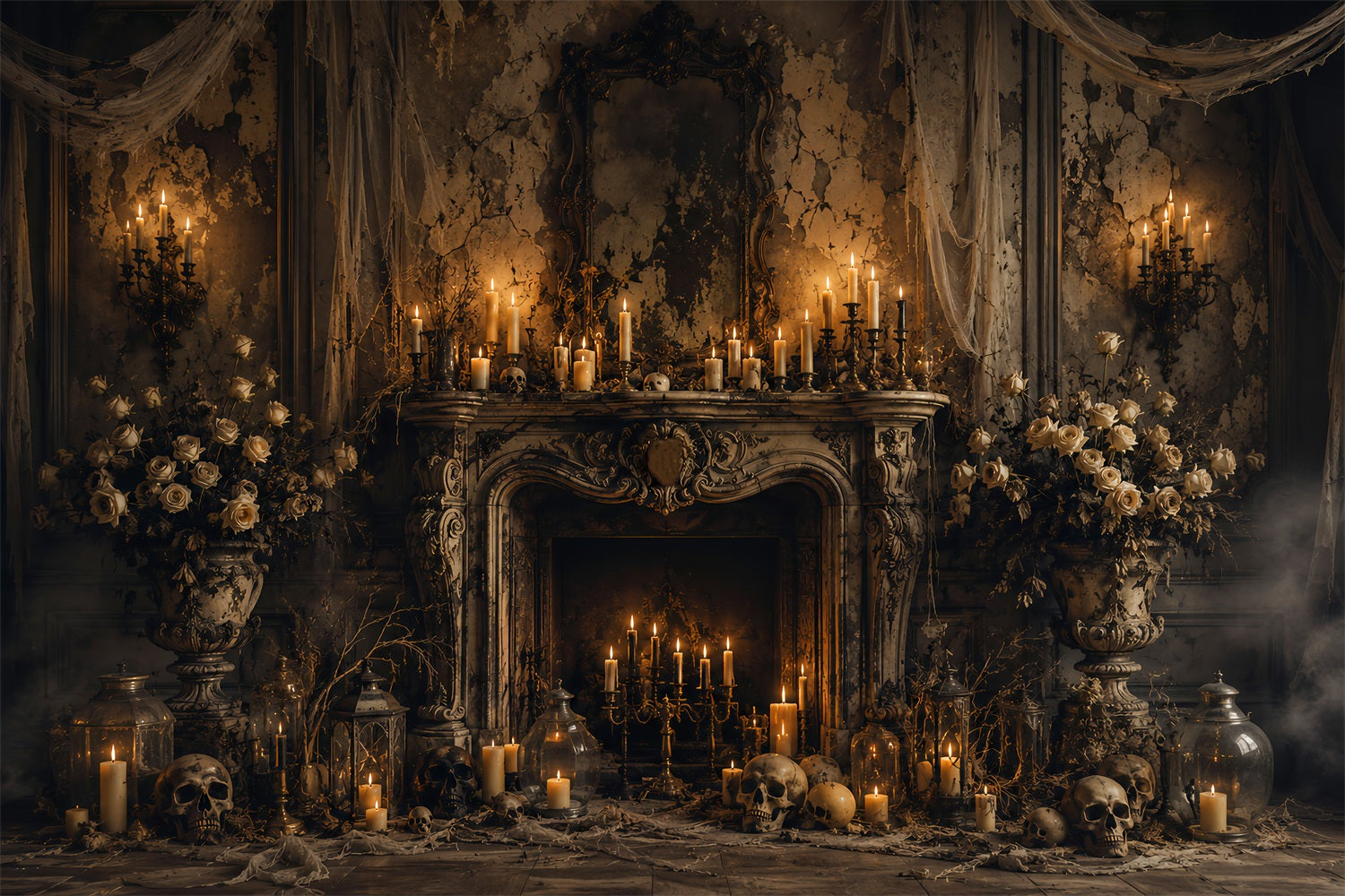 Fabric Halloween Backdrop Gothic Candle Skull Fireplace Halloween Backdrop For Pictures UK LXX67-61