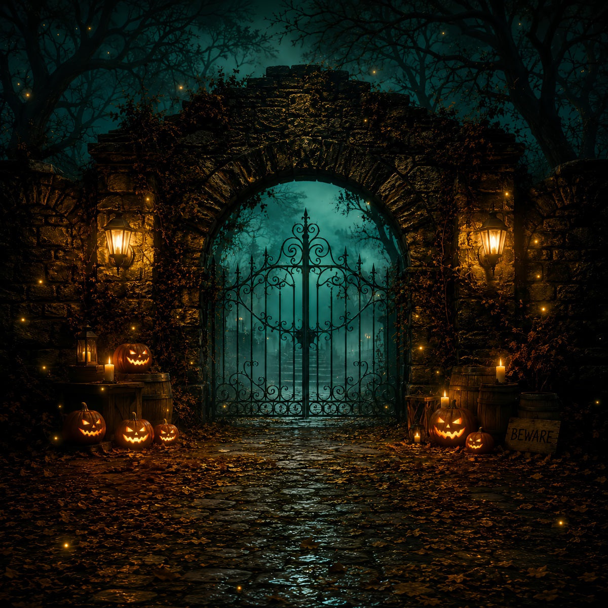 Halloween Party Backdrops Lantern Stone Pumpkin Gate Halloween Photo Booth Backdrop UK LXX67-64
