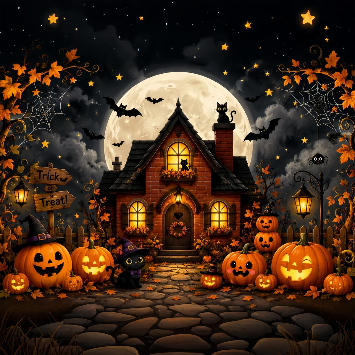 Outdoor Halloween Backdrop Cute Pumpkin Cat Cottage Spooky Halloween Backdrop UK LXX67-66