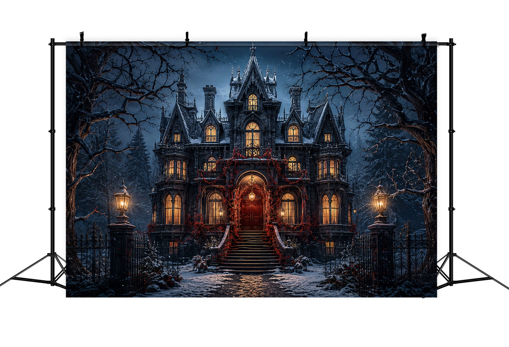 Halloween Castle Backdrop Snowy Gothic Mansion Entrance Large Halloween Backdrop UK LXX67-73