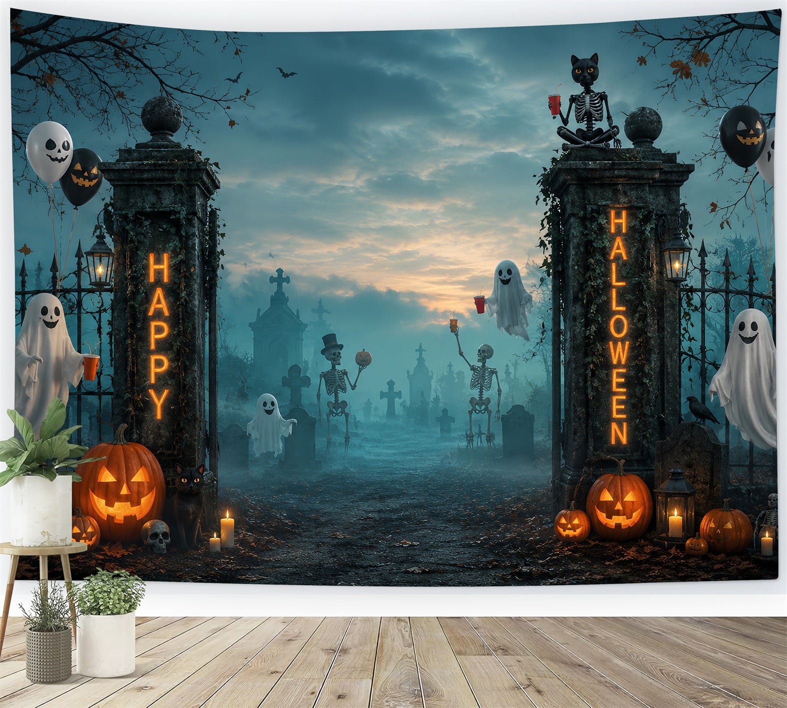 Halloween Graveyard Backdrops Ghost Skeleton Cemetery Gate Photo Booth Halloween Backdrop UK LXX67-79