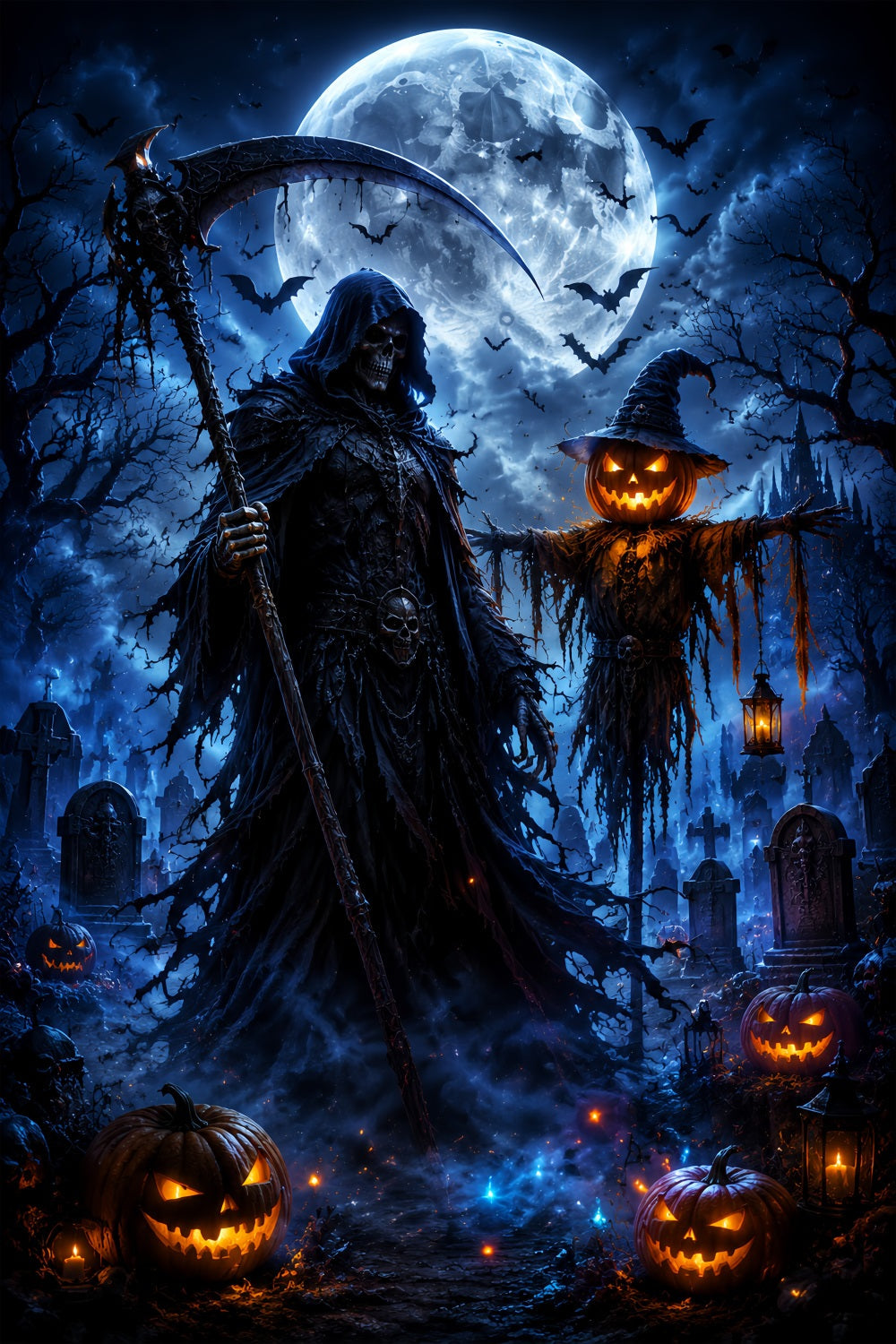 Halloween Moon Backdrop Grim Reaper Scarecrow Graveyard Halloween Photo Backdrops UK LXX67-8