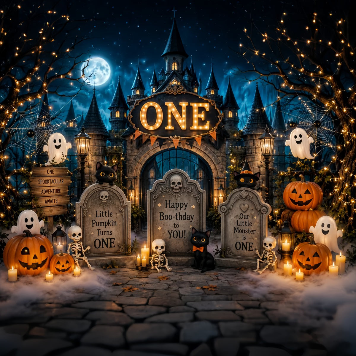 Halloween Picture Backdrops Boo Birthday Graveyard Castle Halloween Birthday Backdrop UK LXX67-83