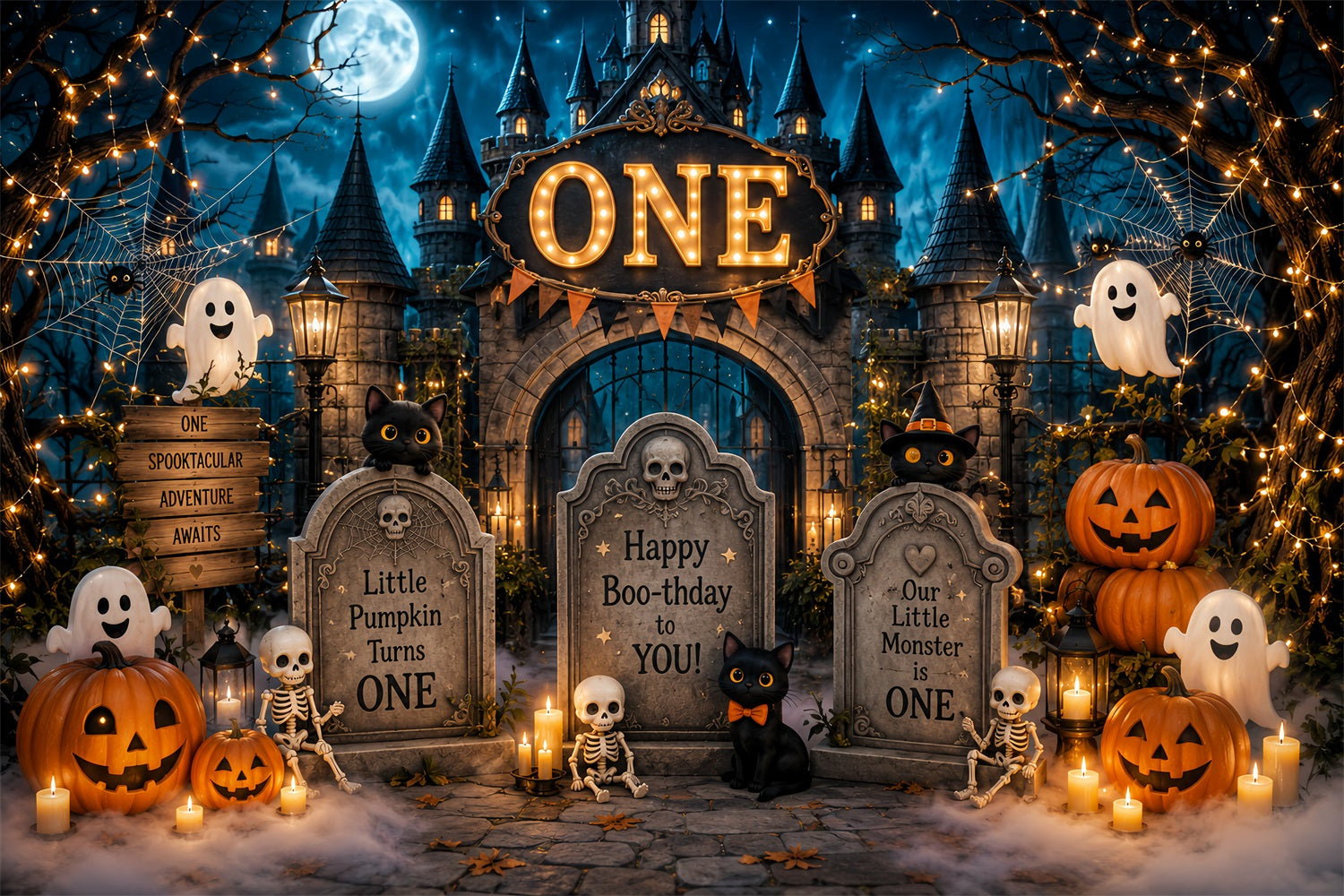 Halloween Picture Backdrops Boo Birthday Graveyard Castle Halloween Birthday Backdrop UK LXX67-83