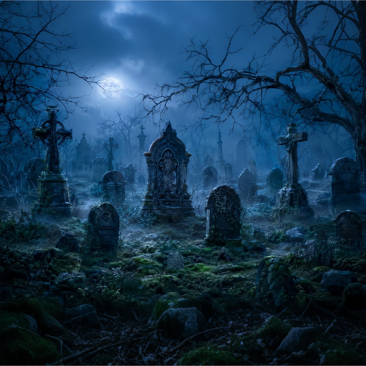 Halloween House Backdrop Moonlit Foggy Cemetery Tombstones Halloween Cemetery Backdrop UK LXX67-84