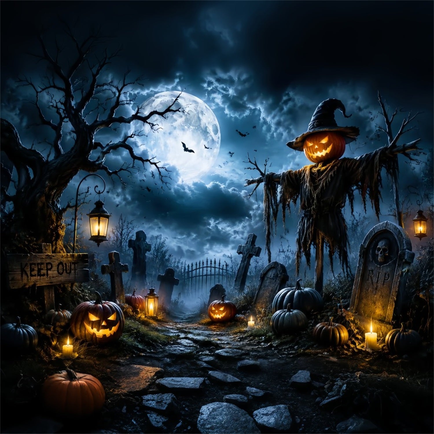 Outdoor Halloween Backdrop Moonlit Pumpkin Scarecrow Graveyard Spooky Halloween Backdrop UK LXX67-9