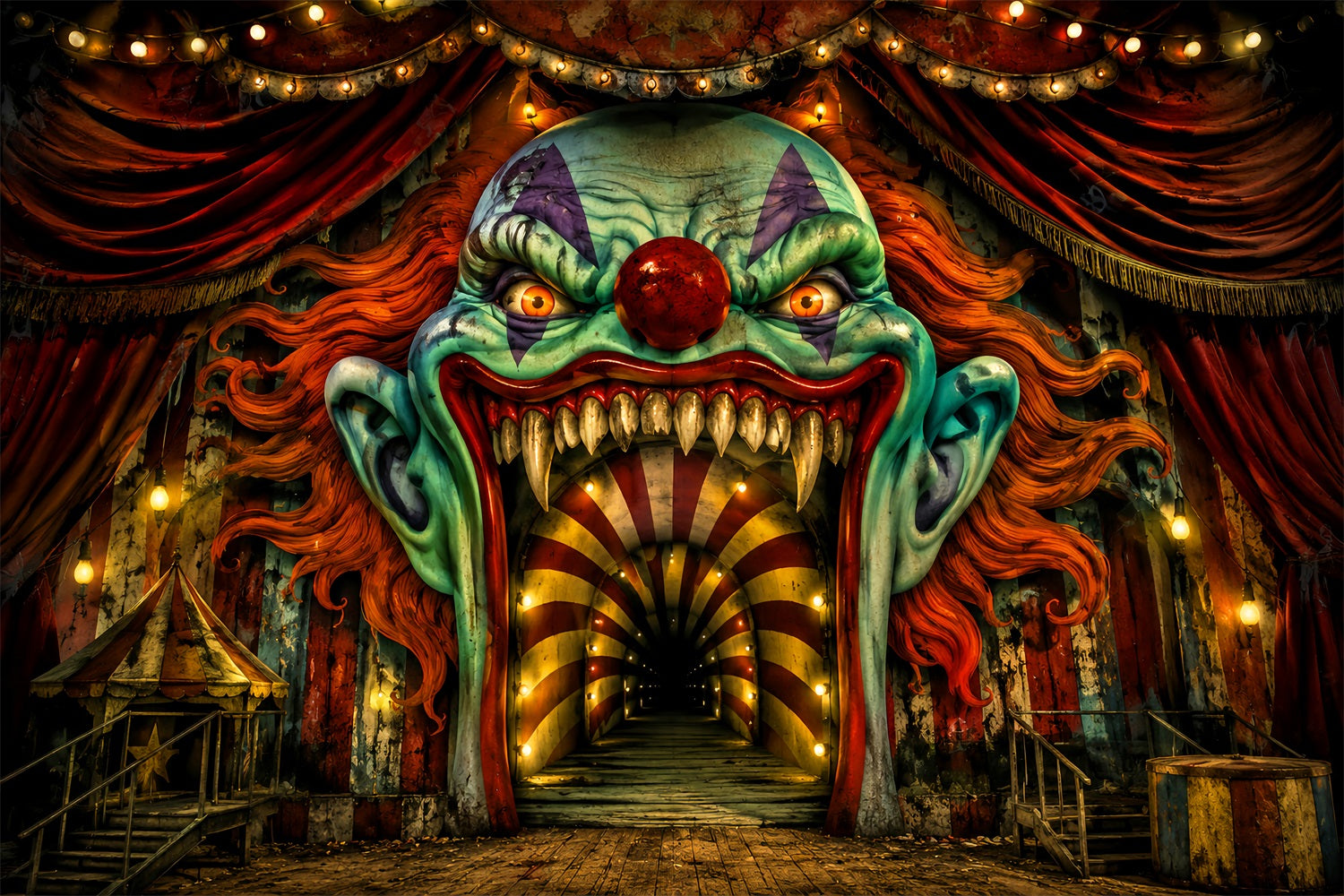 Halloween Stage Backdrop Creepy Clown Carnival Entrance Halloween Photography Backdrops UK LXX67-91