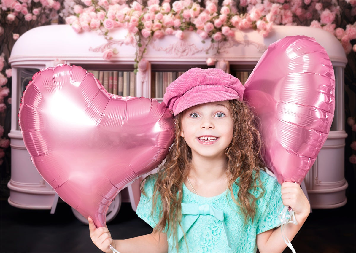 Pink Flower Cart Mobile Library Backdrop M1-06