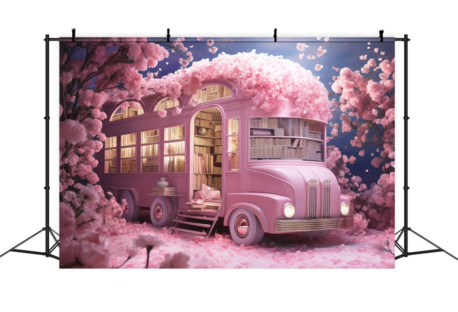 Flowers Surrounding Book-Filled Pink School Bus Backdrops M1-07