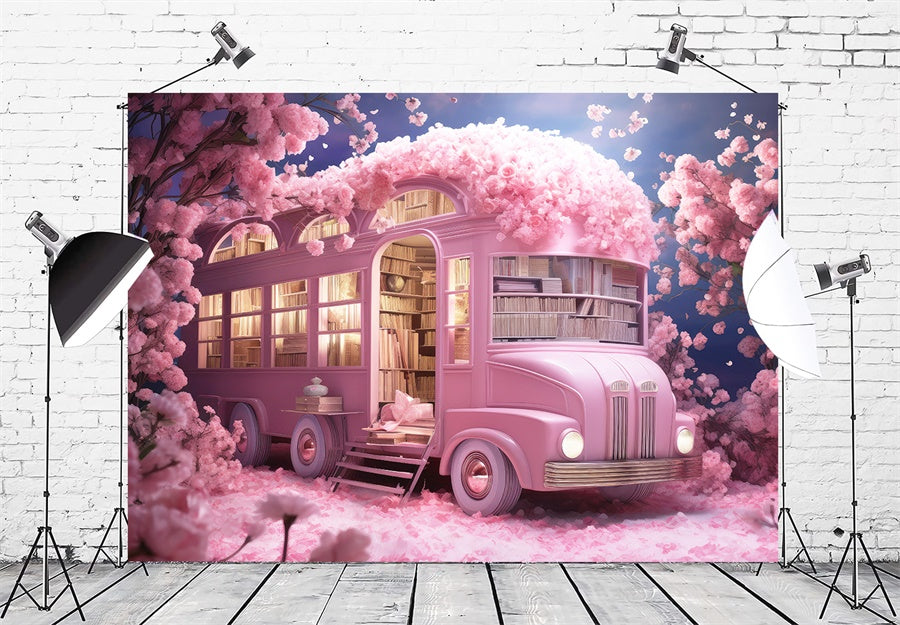 Flowers Surrounding Book-Filled Pink School Bus Backdrops M1-07