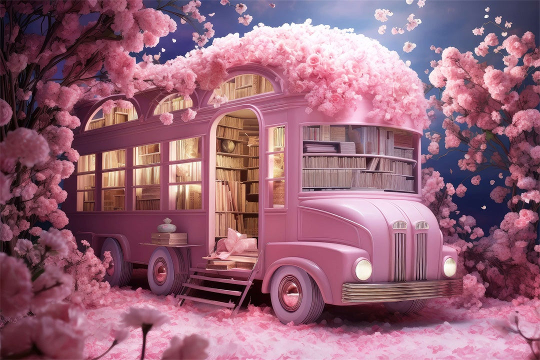 Flowers Surrounding Book-Filled Pink School Bus Backdrops M1-07