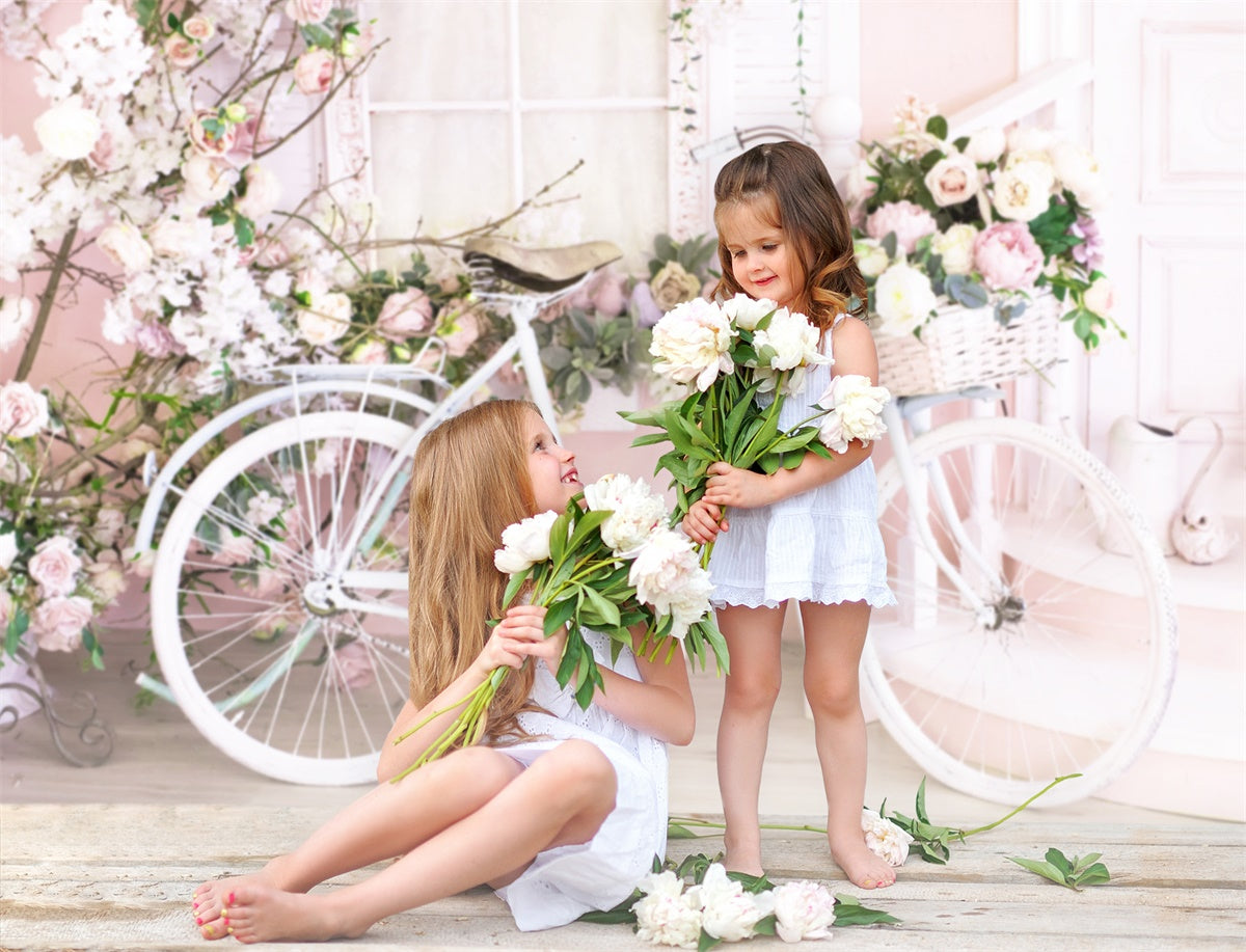 Pink Wall Filled With Flowers White Bicycle Backdrop M1-08